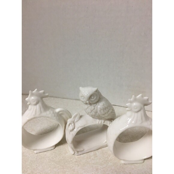 Vintage Set Of 5 Chickens And Owl Ceramic Napkin Rings 1970’s Country Decor - Picture 3 of 7